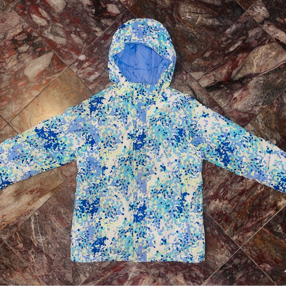 The North Face Girls Blue Floral Waterproof Hooded Jacket sz 14/16 EC